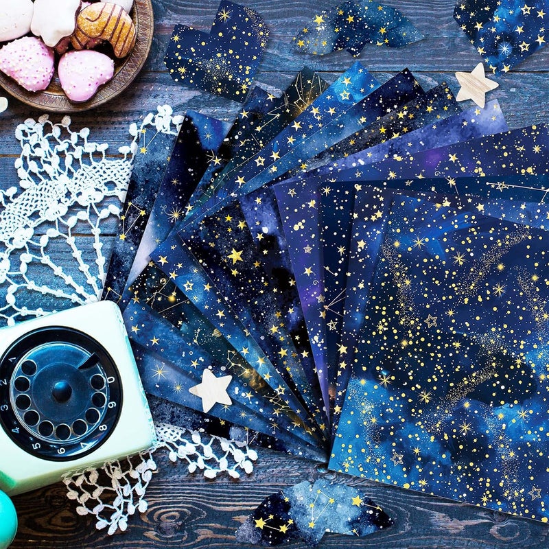 Feivando 24 Sheets Galaxy Scrapbook Paper 12'' × 12'' Double-Sided Starry Sky Pattern Paper Blue Space Decorative Decoupage Cardstock for DIY Crafts Making Scrapbook Supplies - Image 5